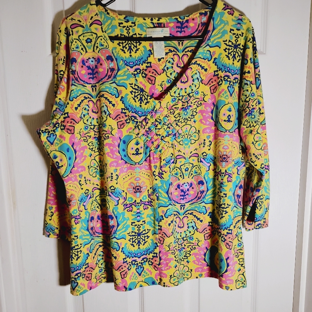 Tropical Knit Top Caribbean Joe XL V-neck 3/4 Sleeve